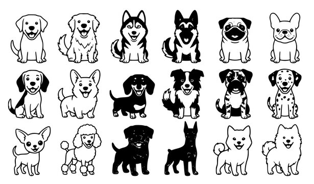 Happy Dog Breed Character Set with Cartoon Puppies and Domestic Pet Vector Collection