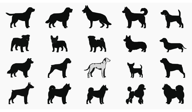 Different Dog Breed Silhouette Vector Collection with Domestic Pet Puppy Animal Icons