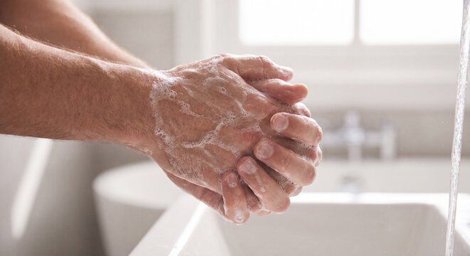 Person washing hands with white soap foam in a bathroom sink, symbolizing personal hygiene and health protection
