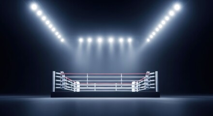 Naklejka premium Empty Boxing Ring with Bright Spotlights and Dark Background.