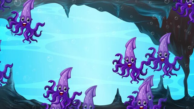 Animated Purple Cartoon Squid Swimming Through a Bright Blue Underwater Cave