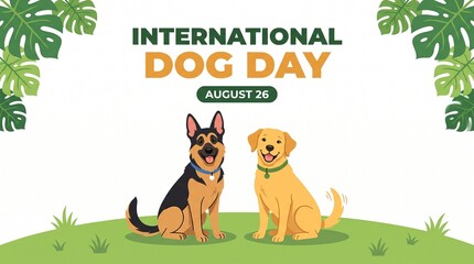 Fototapeta premium International dog day illustration with two dogs on green hill and palm leaves on white background