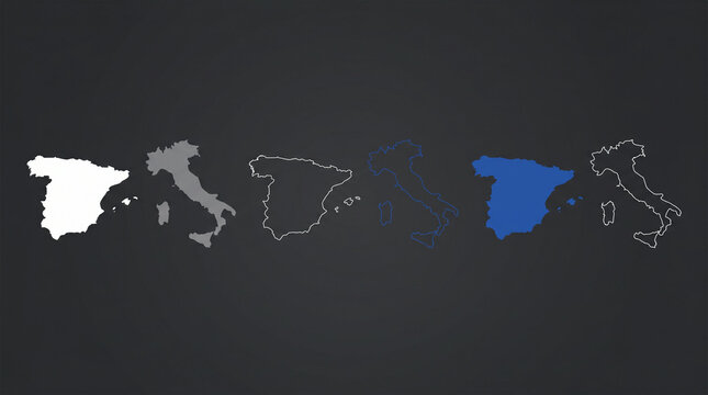 Map outlines of Spain and Italy in various graphic styles.