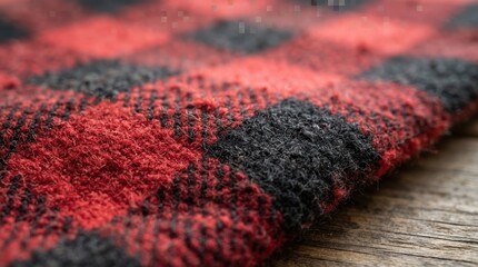 Fototapeta premium Red and Black Buffalo Plaid Fabric Texture Close Up on Rustic Wood Background for Cozy Winter Holiday Design Projects