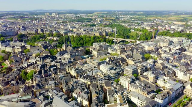 Luxembourg, Historical city center in the morning. Drone footage