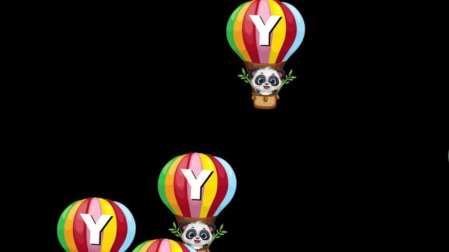 Animated Panda Characters Floating in Colorful Hot Air Balloons Downward