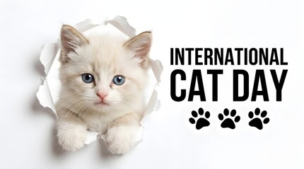 Celebrating international cat day adorable ragdoll kitten emerging through torn paper festive greeting 