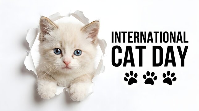 Celebrating international cat day adorable ragdoll kitten emerging through torn paper festive greeting
