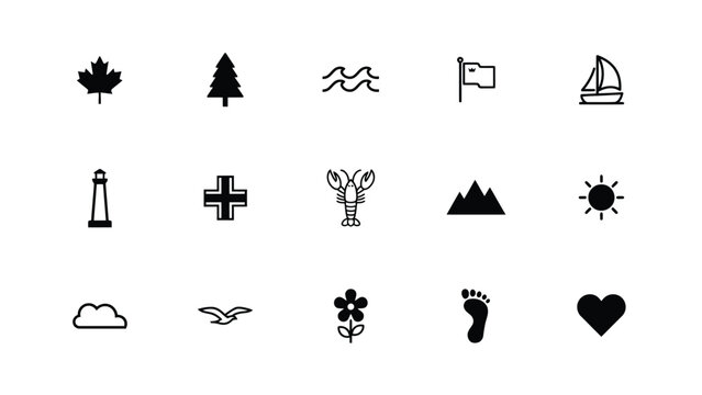 Minimalist icon set featuring symbols of nature travel and emotions in flat black line art style with rendered bold black against neutral background minimalist flat design approach