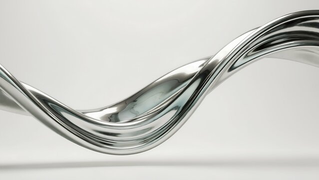 Abstract metallic flowing wave with glossy chrome curves on clean white background