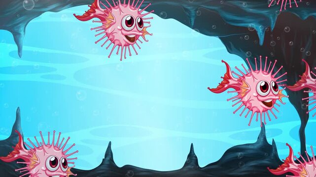 Cartoon Pink Puffer Fish Swimming Through Blue Underwater Cave Loop