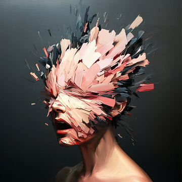 Abstract Portrait of Woman Transforming into Vibrant Paint Strokes and Colors.