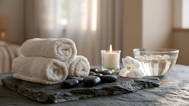 Rolled White Towels With Spa Candle and Hot Stones in Soft Light