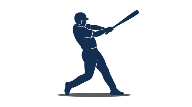 Blue silhouette of a professional baseball player hitting a home run swing on a white background for sports design