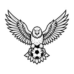 Fototapeta premium Eagle Soccer Mascot: A powerful eagle, depicted in a striking black and white illustration, grips a soccer ball firmly in its talons, wings spread wide, embodying strength and athleticism.