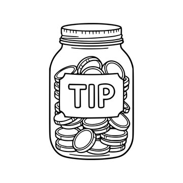 Tip Jar with Coins: A simple, clean illustration of a glass jar filled with coins, labeled with a TIP tag. A symbol of gratuity and support.