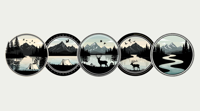 nature landscape circles, mountains, deer, lake, forest
