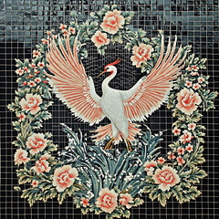 Fototapeta premium Elegant Crane Bird Surrounded by Lush Floral Wreath with Graceful Beauty.