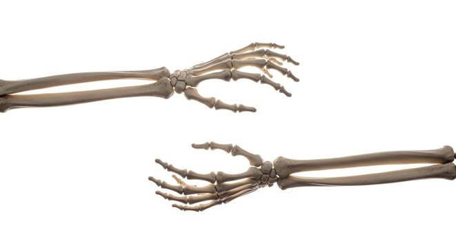 Pair of Human Skeleton Arms and Hands Isolated on White Background.