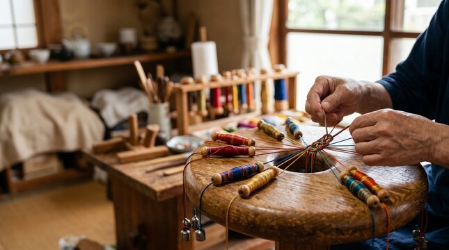 伝統工芸「組紐」を制作する職人の手元