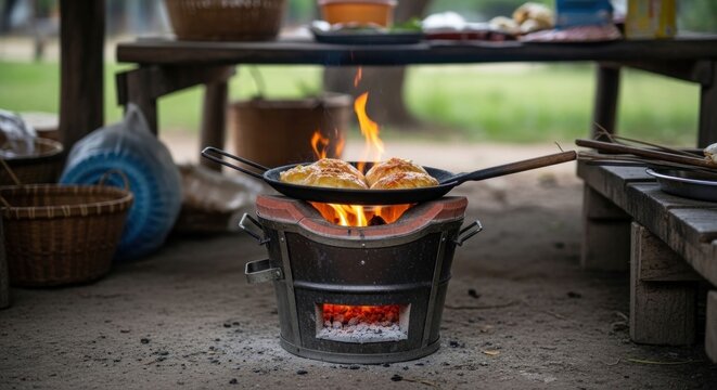 Traditional outdoor cooking with a pan on a charcoal stove preparing food in a rustic setting.