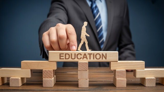 Hand placing wooden block labeled education on staircase structure with silhouette figure stepping forward with engraved education stepped positioning wooden