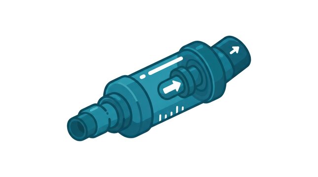 Medical illustration of blue inline filter for respiratory devices with arrows indicating flow.