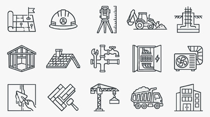 Professional Black and White Line Drawing Icons Set Featuring Construction Architecture and Building Elements © Niki