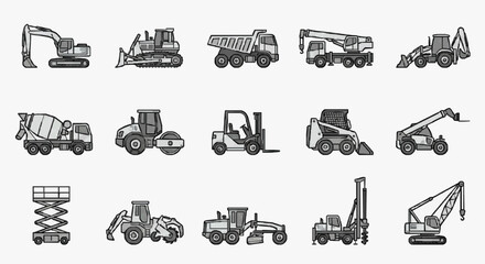 Obraz premium Sleek Monochromatic Line Drawing Set of 15 Essential Construction Machinery and Equipment Icons for Projects