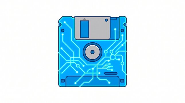 Retro floppy disk with circuit board design and blockchain concept