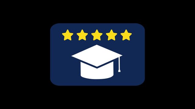 Blue badge with a white mortarboard and five yellow stars. Represents academic excellence or a top-tier education. Useful for educational websites.