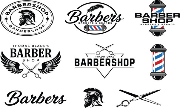 Vintage Barbershop Logo and Badge Set Featuring Barber Poles Scissors Spartan Helmets and Creative Lettering Emblems for Mens Grooming Hair Salon Identity Branding Designs