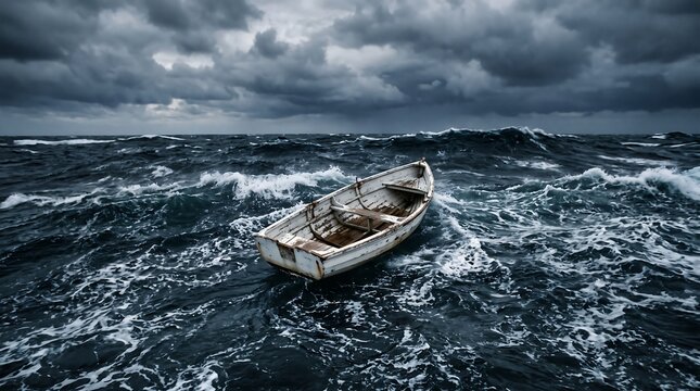 Empty Rowboat Drifting in a Stormy Sea
