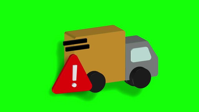 Cartoon delivery truck with warning sign. Green screen background. Three keyframes show truck moving forward. Red warning triangle alerts viewers. Ideal for shipping delays or delivery issues