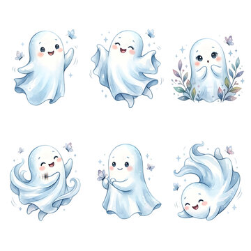 Set of cute happy little ghosts in watercolor style for halloween designs
