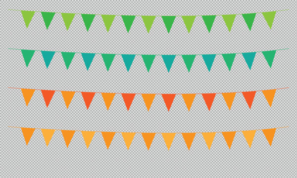 Set of isolated multicolored garlands on transparent background ideal for festive occasions.