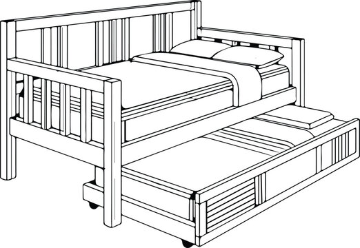 Line art illustration of a wooden daybed with a pull out trundle bed for bedroom furniture design