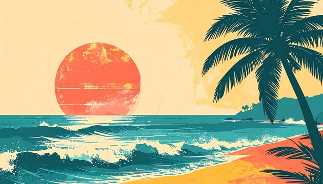 Retro vintage tropical beach illustration with a large red sunset and palm tree over ocean waves