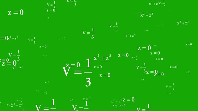 Math formulas on chalkboard green background. Seamless loop of handwritten mathematical formulas, 4K chroma key formulas, Floating physics overlay,