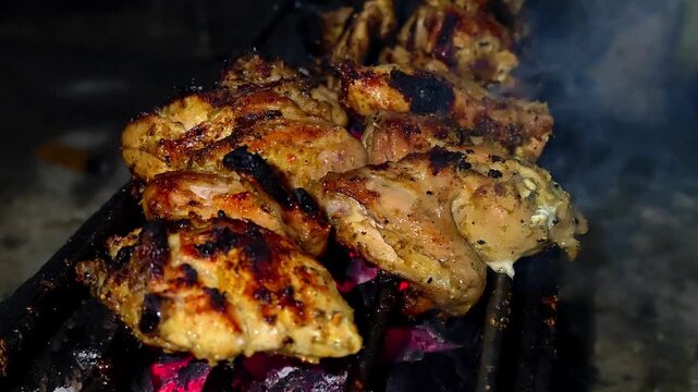 Closer of marinated chicken pieces grilled on a charcoal barbecue with glowing embers against a dark background. 4K