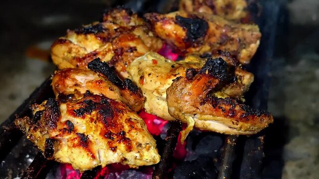 Close-up of marinated chicken pieces grilled on a charcoal barbecue with glowing embers at night. 4K