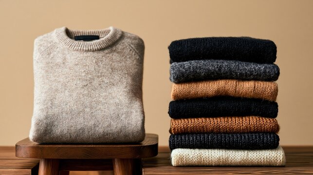 A neatly folded stack of colorful sweaters on a wooden table against a beige background