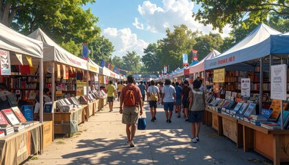 Obraz premium Outdoor Book Fair Scene with Stalls and Shoppers on a Sunny Day