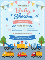 Fototapeta premium Construction Baby Shower Invitation Template for Boys - Little One on the Way Vector