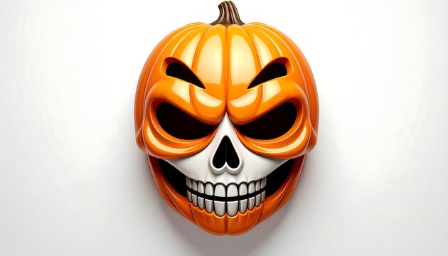 A vibrant, grinning jack-o'-lantern, intricately carved to resemble a skull, is centered on a clean white background. It has large, dark eye sockets