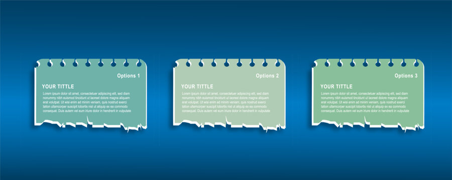 Modern torn notebook paper infographic template with three layout variations. Editable flat vector design featuring ripped edges, spiral binding, and text placeholders for presentations and reports.