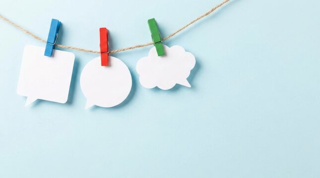 Blank white paper speech bubbles hanging from a twine with colorful clothespins against a light blue background for communication and message concept