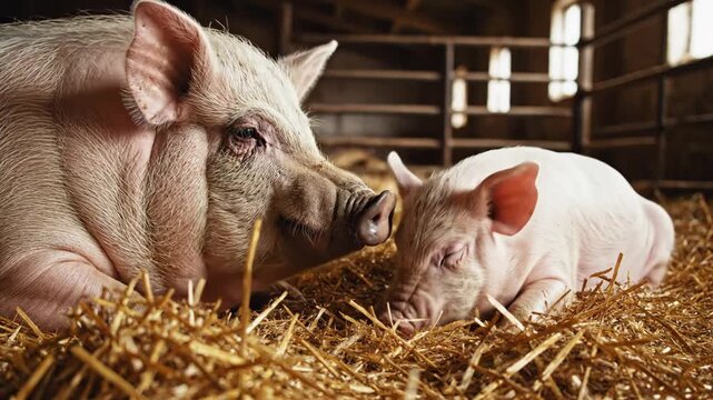 Close-up of a mother pig and piglet resting together in a rustic barn, showcasing livestock care, family bond, sustainable farming, and rural agriculture with warm natural light.