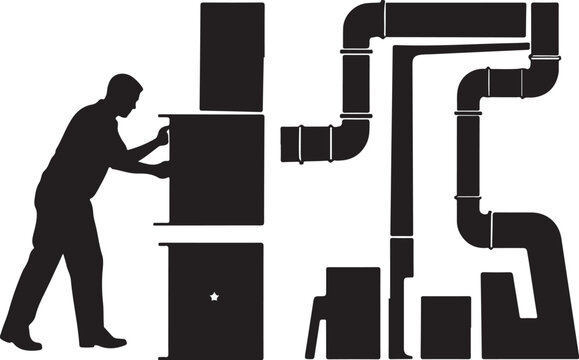 Silhouette of man working with industrial pipes and equipment
