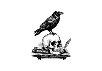 Fototapeta premium Vintage Raven Vector Illustration Hand Drawn Crow Bird Flying Perched Black And White Line Art Sketch For Gothic Halloween And Nature Graphic Design
